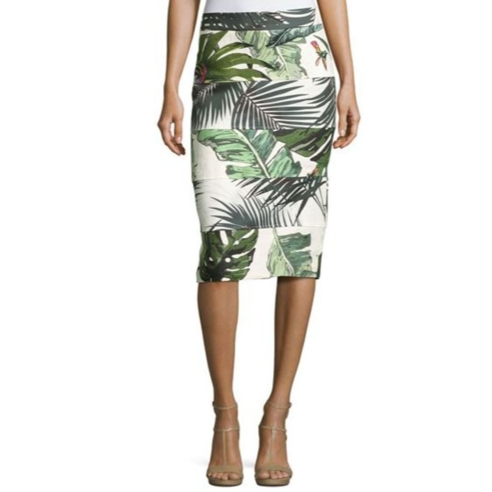 MaxMara White Pencil Skirt with Green Botanical Print